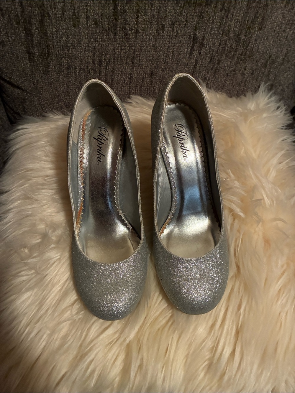Paprika Silver Glitter Round-Toe Heeled Pumps